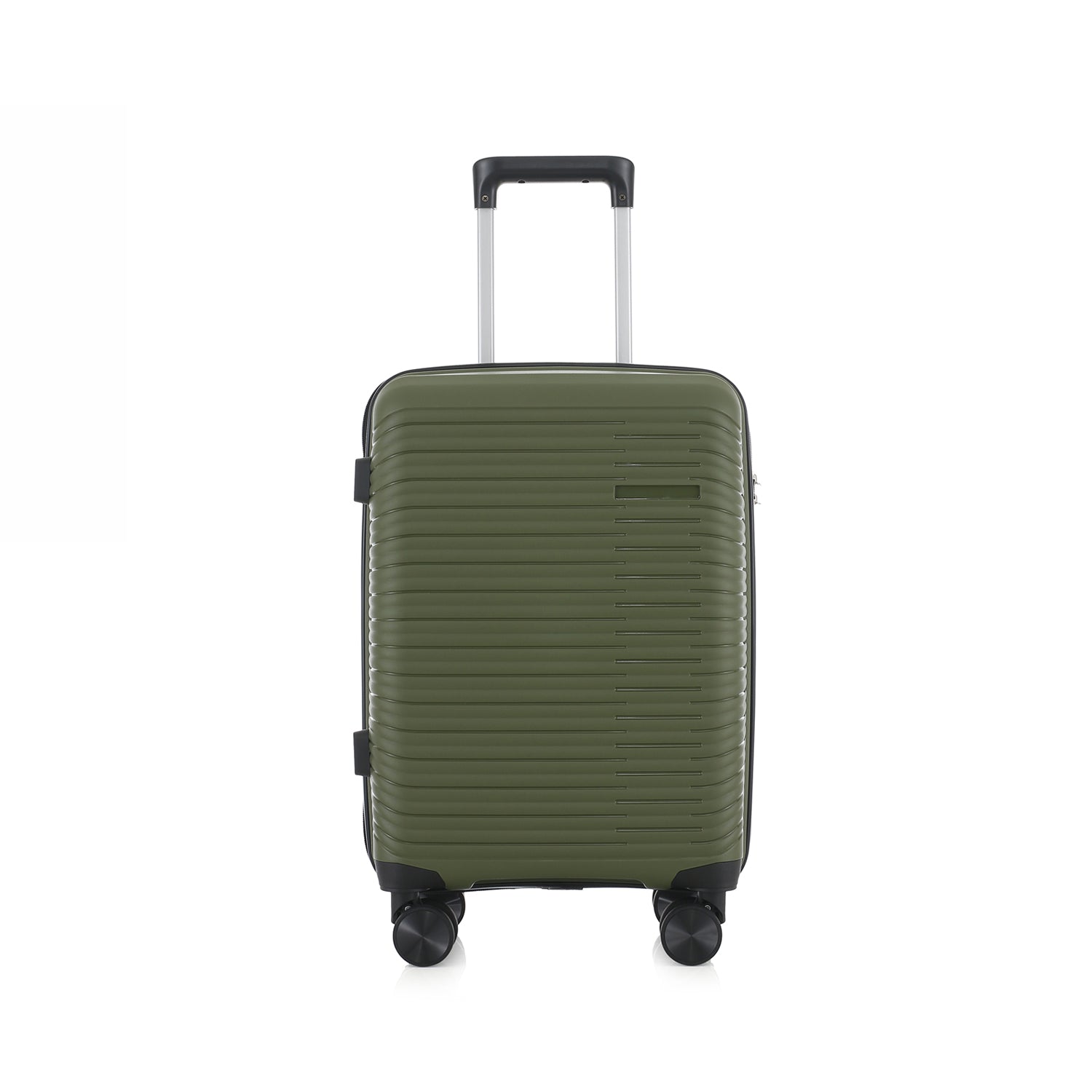An forest green hardshell spinner suitcase with a telescopic silver handle and black wheels, shown on a plain white background.