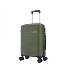 An forest green hardshell spinner suitcase with a telescopic silver handle and black wheels, shown on a plain white background.
