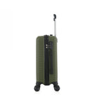 An forest green hardshell spinner suitcase with a telescopic silver handle and black wheels, shown on a plain white background.