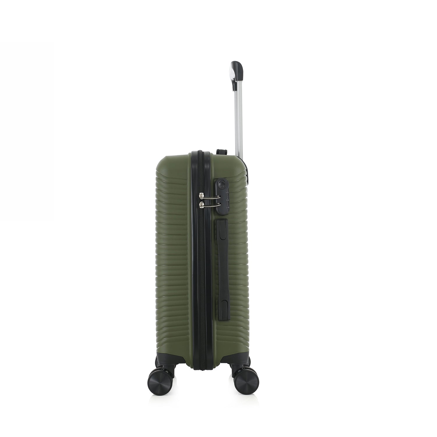 An forest green hardshell spinner suitcase with a telescopic silver handle and black wheels, shown on a plain white background.