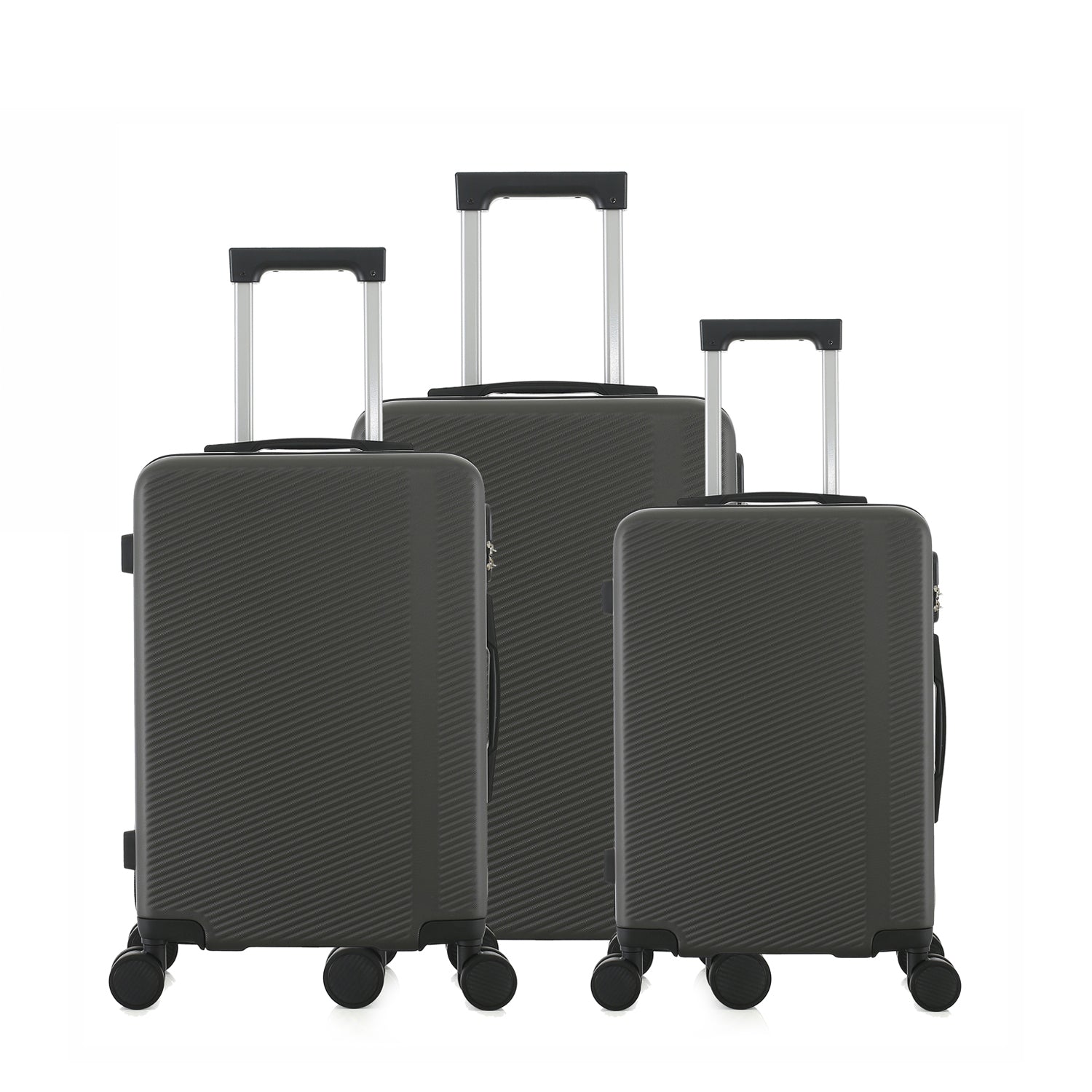 bb&b Travel Menton Suitcase range in graphite, showing the small, medium, and large sizes with extended handles.