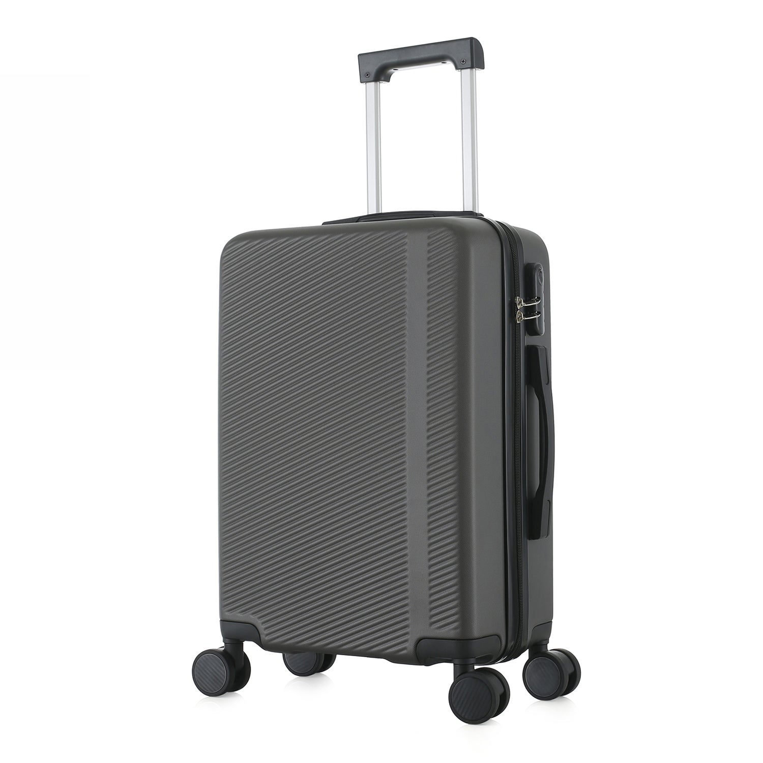 bb&b Travel Menton Suitcase in graphite, shown from a side angle with textured hard-shell exterior, spinner wheels, and an extended handle.
