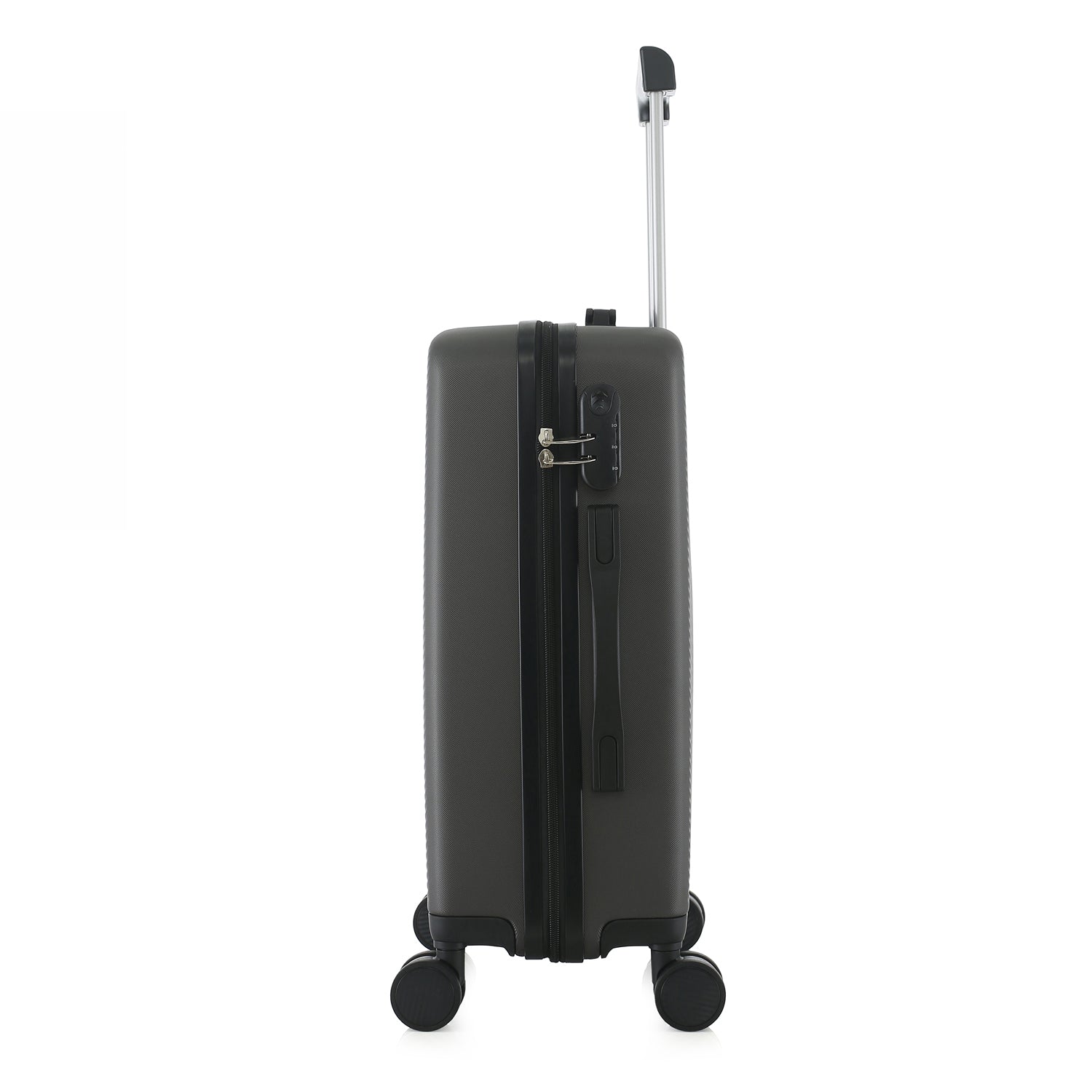 bb&b Travel Menton Suitcase in graphite, shown from the side with the handle extended, side carry handle, zip closure, and combination lock.