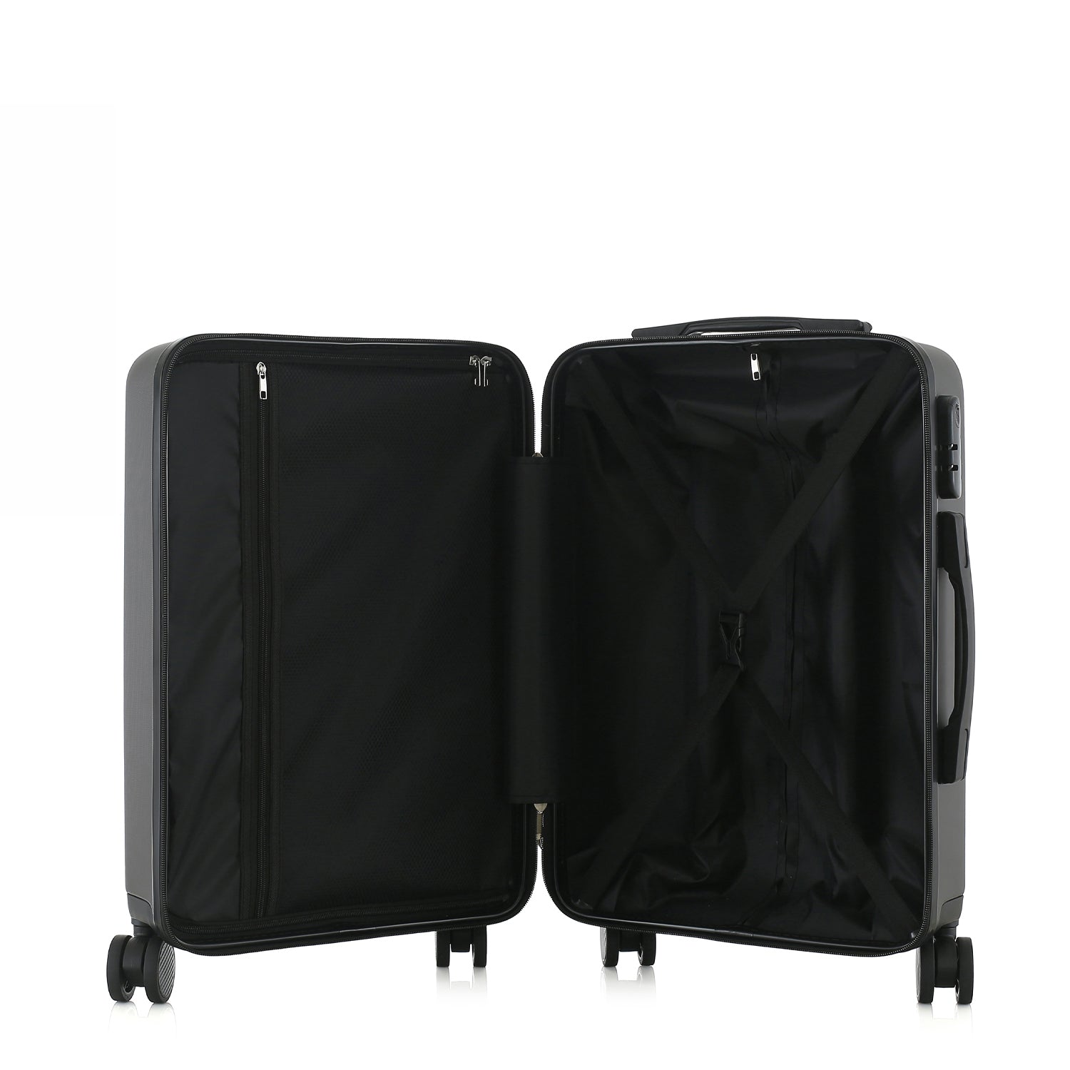 bb&b Travel Menton Suitcase in graphite, shown open to display the black interior lining, zip compartment, and securing straps.