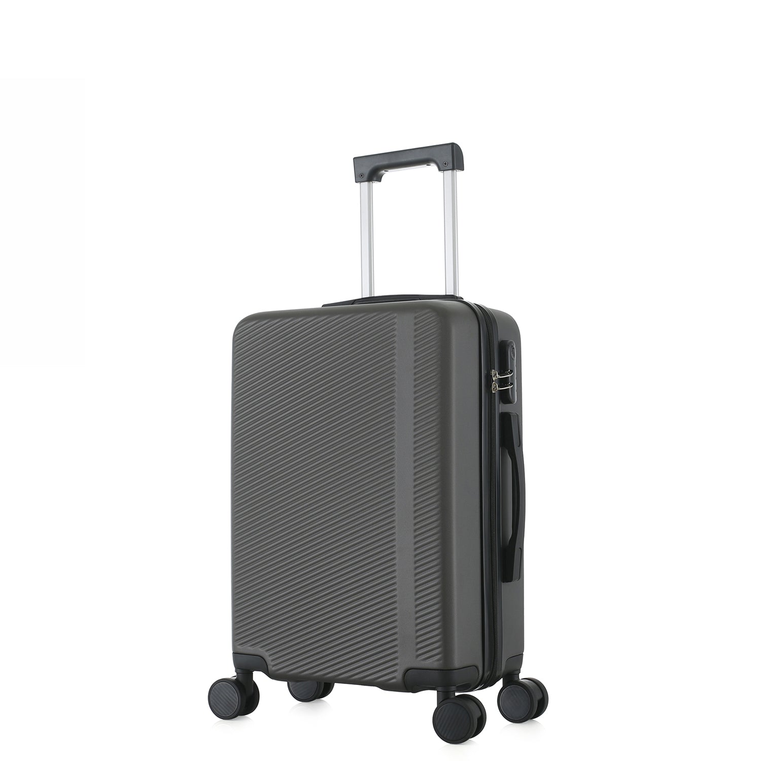 bb&b Travel Menton Suitcase in graphite, shown from a side angle with textured hard-shell exterior, spinner wheels, and an extended handle.
