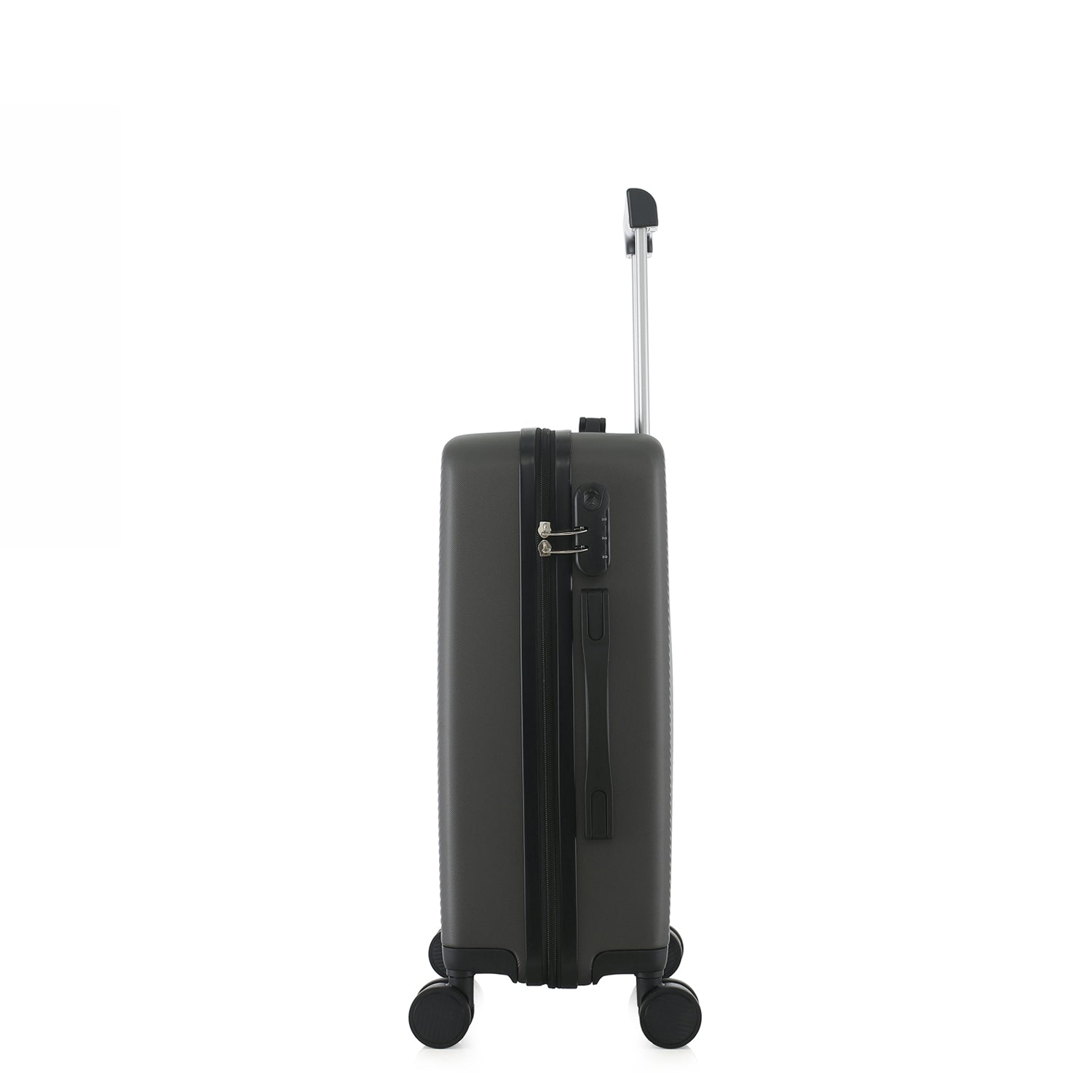 bb&b Travel Menton Suitcase in graphite, shown from the side with the handle extended, side carry handle, zip closure, and combination lock.