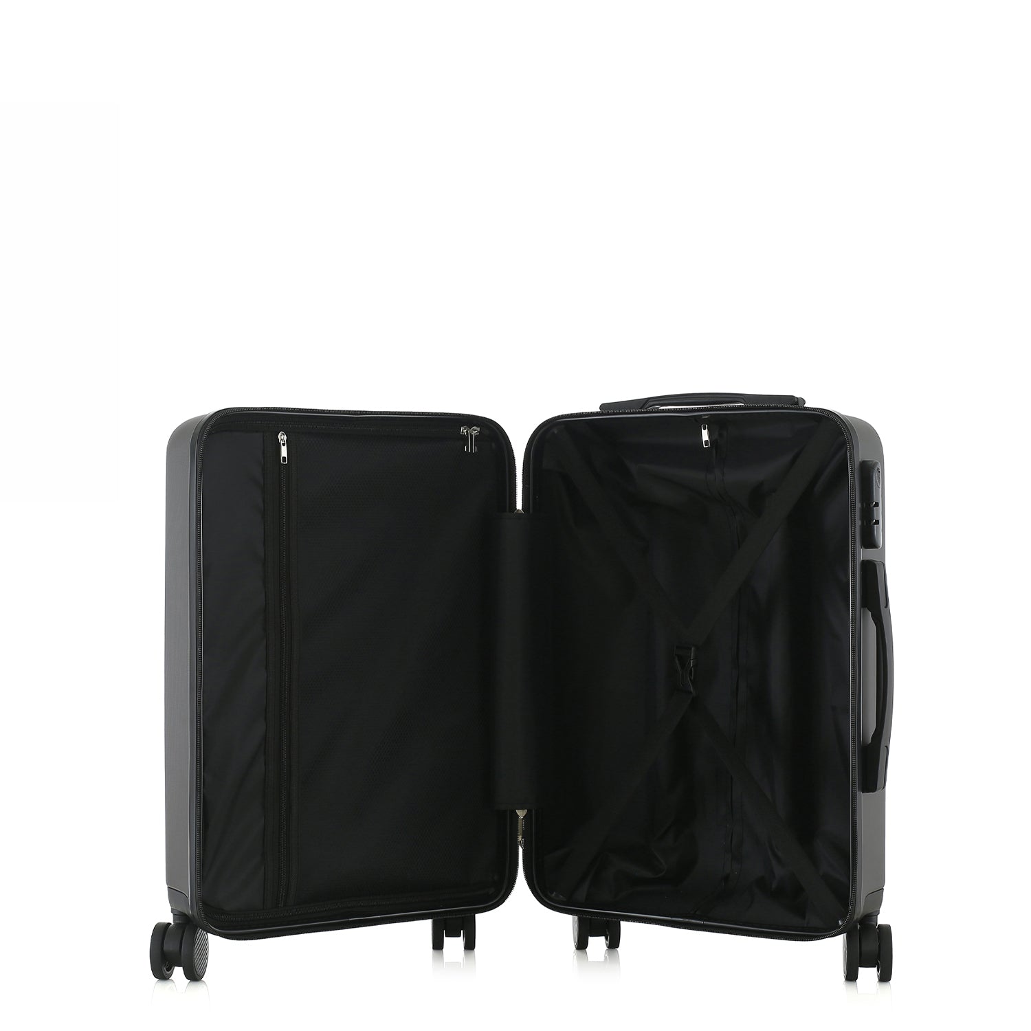bb&b Travel Menton Suitcase in graphite, shown open to display the black interior lining, zip compartment, and securing straps.