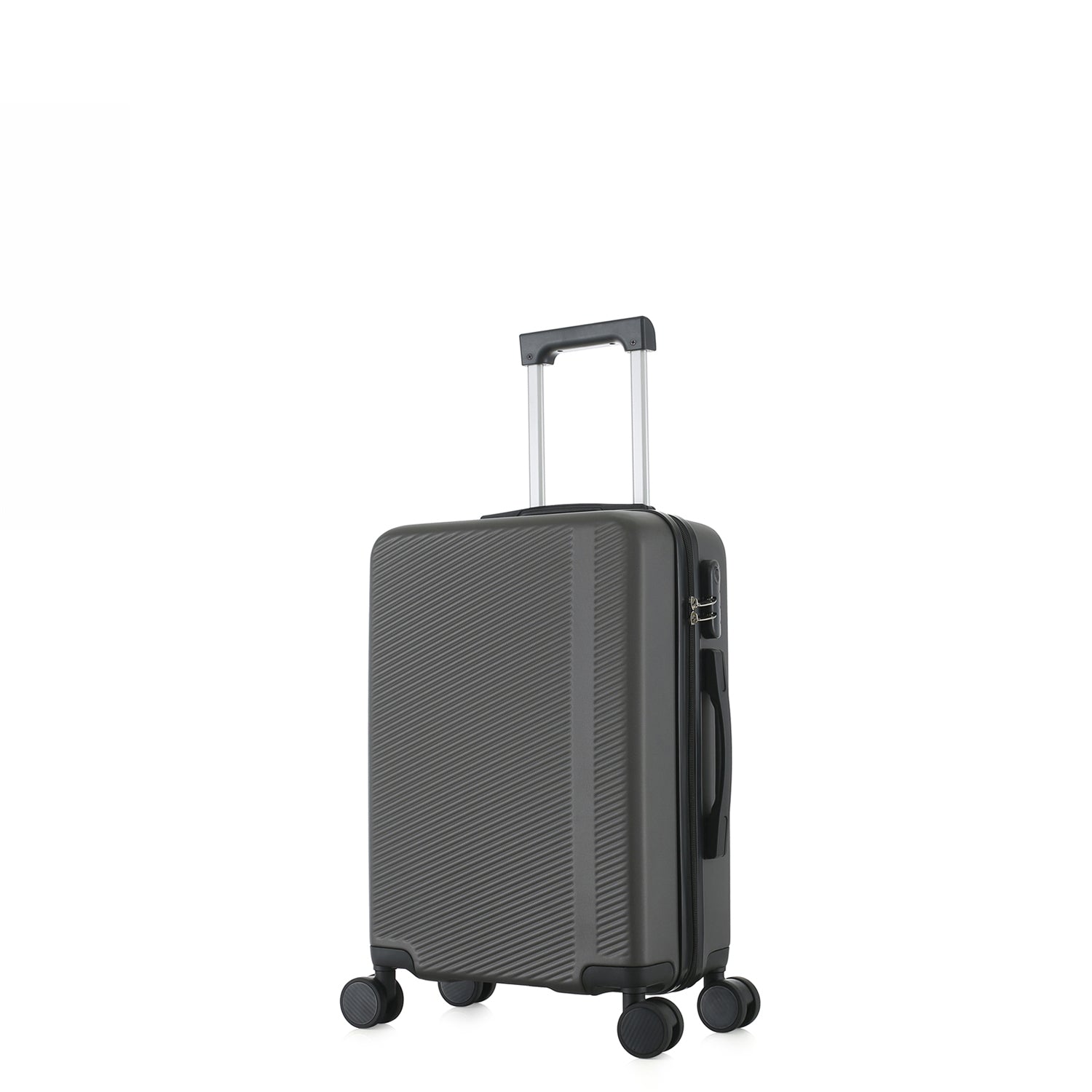bb&b Travel Menton Suitcase in graphite, shown from a side angle with textured hard-shell exterior, spinner wheels, and an extended handle.