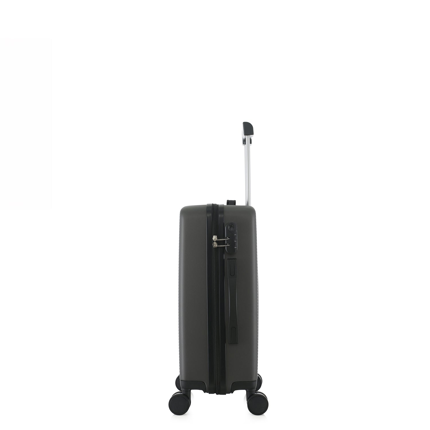bb&b Travel Menton Suitcase in graphite, shown from the side with the handle extended, side carry handle, zip closure, and combination lock.