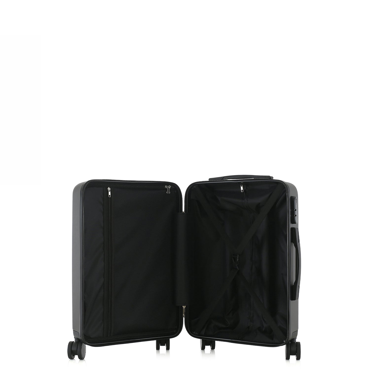 bb&b Travel Menton Suitcase in graphite, shown open to display the black interior lining, zip compartment, and securing straps.