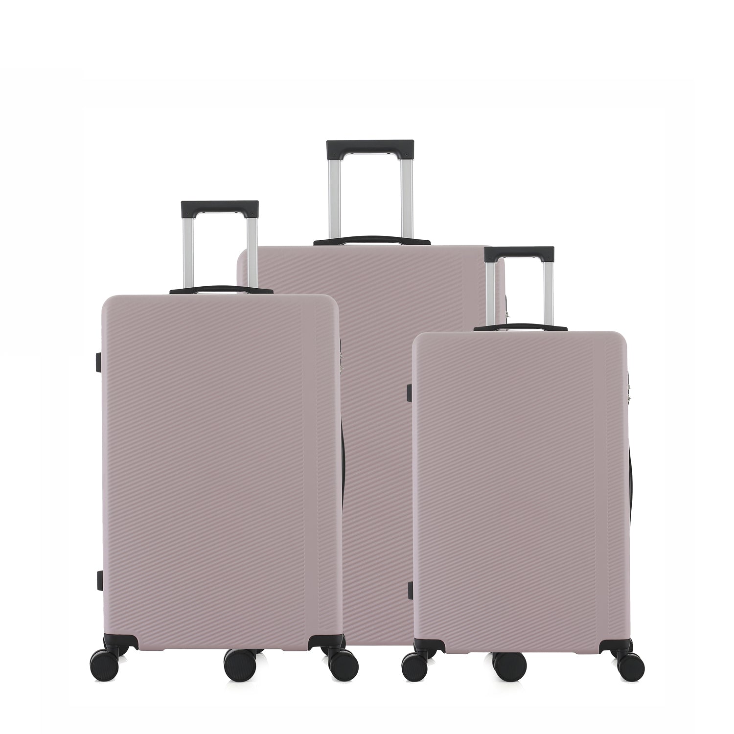 bb&b Travel Menton Suitcase range in dusky purple, showing the small, medium, and large sizes with extended handles.