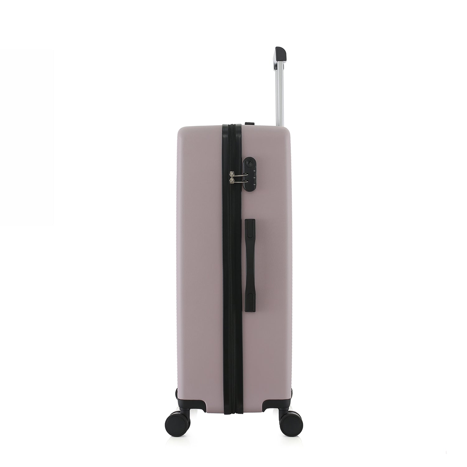 bb&b Travel Menton Suitcase in dusky purple, shown from the side with the handle extended, side carry handle, zip closure, and combination lock.