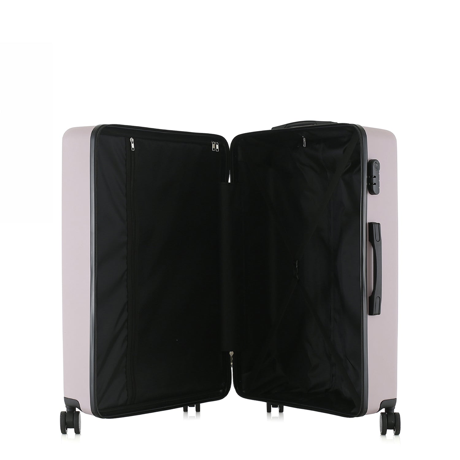 bb&b Travel Menton Suitcase in dusky purple, shown open to display the black interior lining, zip compartment, and securing straps.