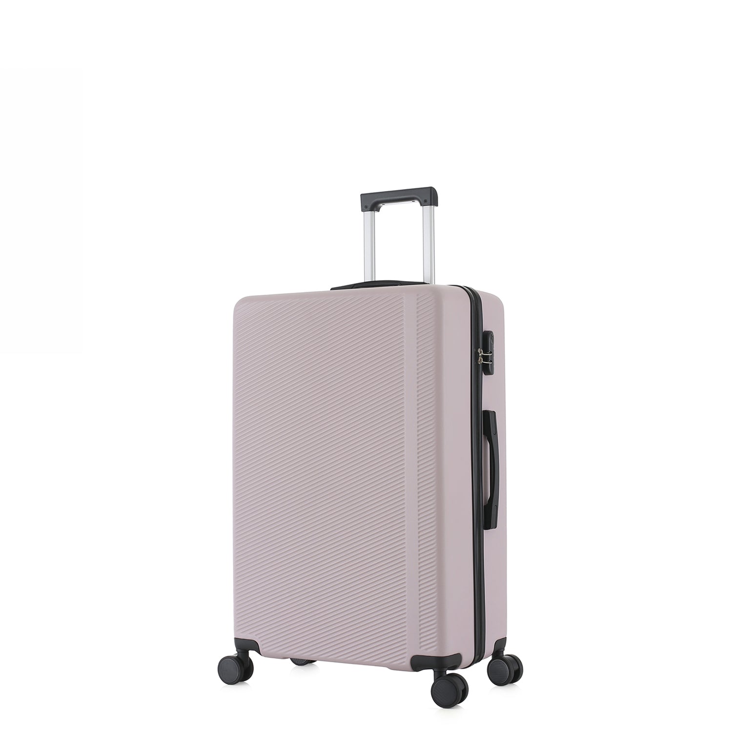 bb&b Travel Menton Suitcase in dusky purple, shown from a side angle with textured hard-shell exterior, spinner wheels, and an extended handle.
