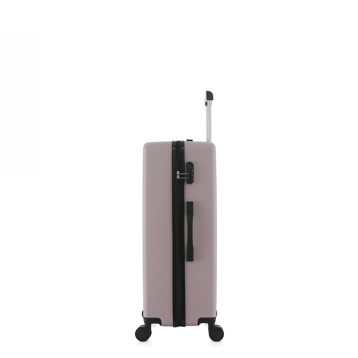 bb&b Travel Menton Suitcase in dusky purple, shown from the side with the handle extended, side carry handle, zip closure, and combination lock.