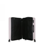 bb&b Travel Menton Suitcase in dusky purple, shown open to display the black interior lining, zip compartment, and securing straps.