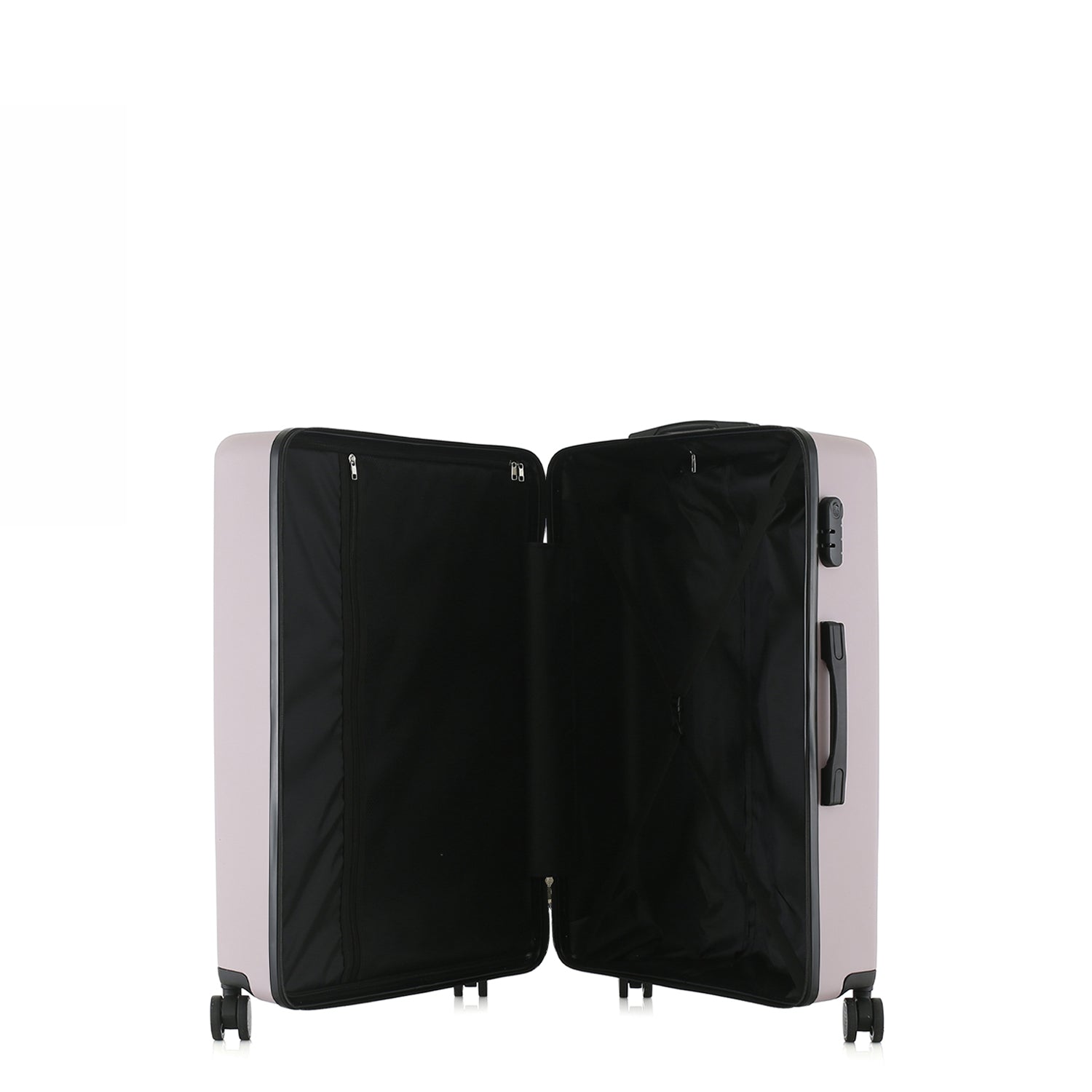 bb&b Travel Menton Suitcase in dusky purple, shown open to display the black interior lining, zip compartment, and securing straps.