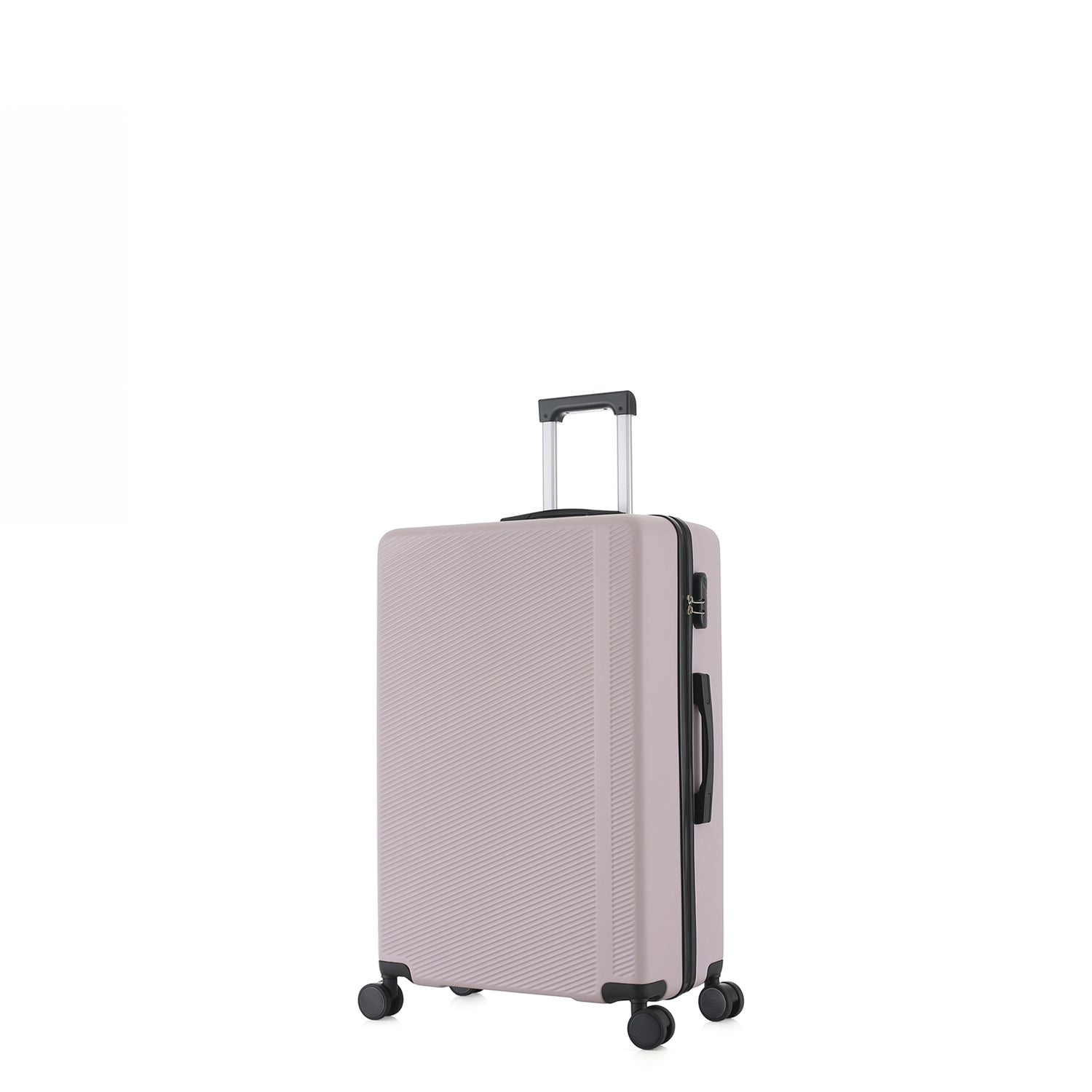 bb&b Travel Menton Suitcase in dusky purple, shown from a side angle with textured hard-shell exterior, spinner wheels, and an extended handle.