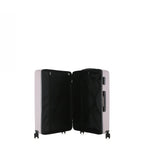 bb&b Travel Menton Suitcase in dusky purple, shown open to display the black interior lining, zip compartment, and securing straps.