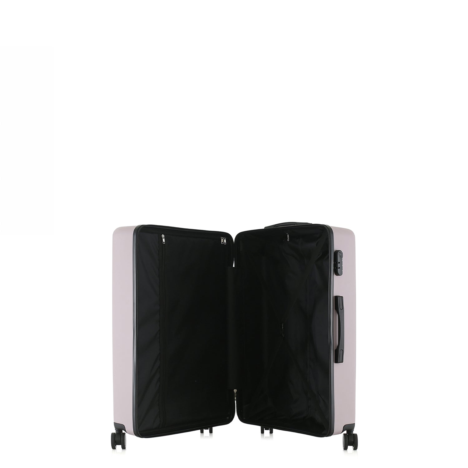 bb&b Travel Menton Suitcase in dusky purple, shown open to display the black interior lining, zip compartment, and securing straps.