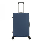 bb&b Travel Menton Suitcase in denim blue, shown from the front with spinner wheels and an extended handle.