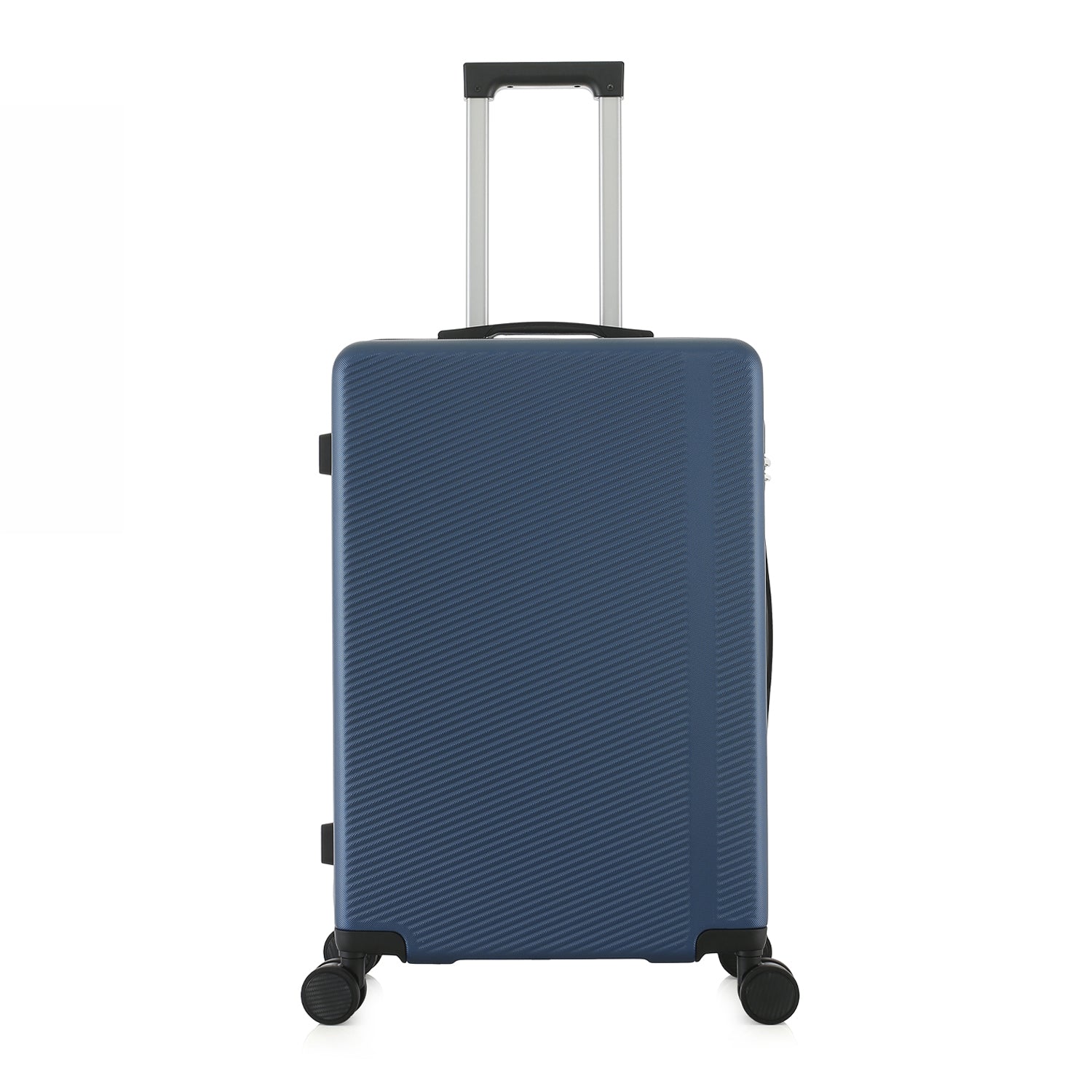 bb&b Travel Menton Suitcase in denim blue, shown from the front with spinner wheels and an extended handle.