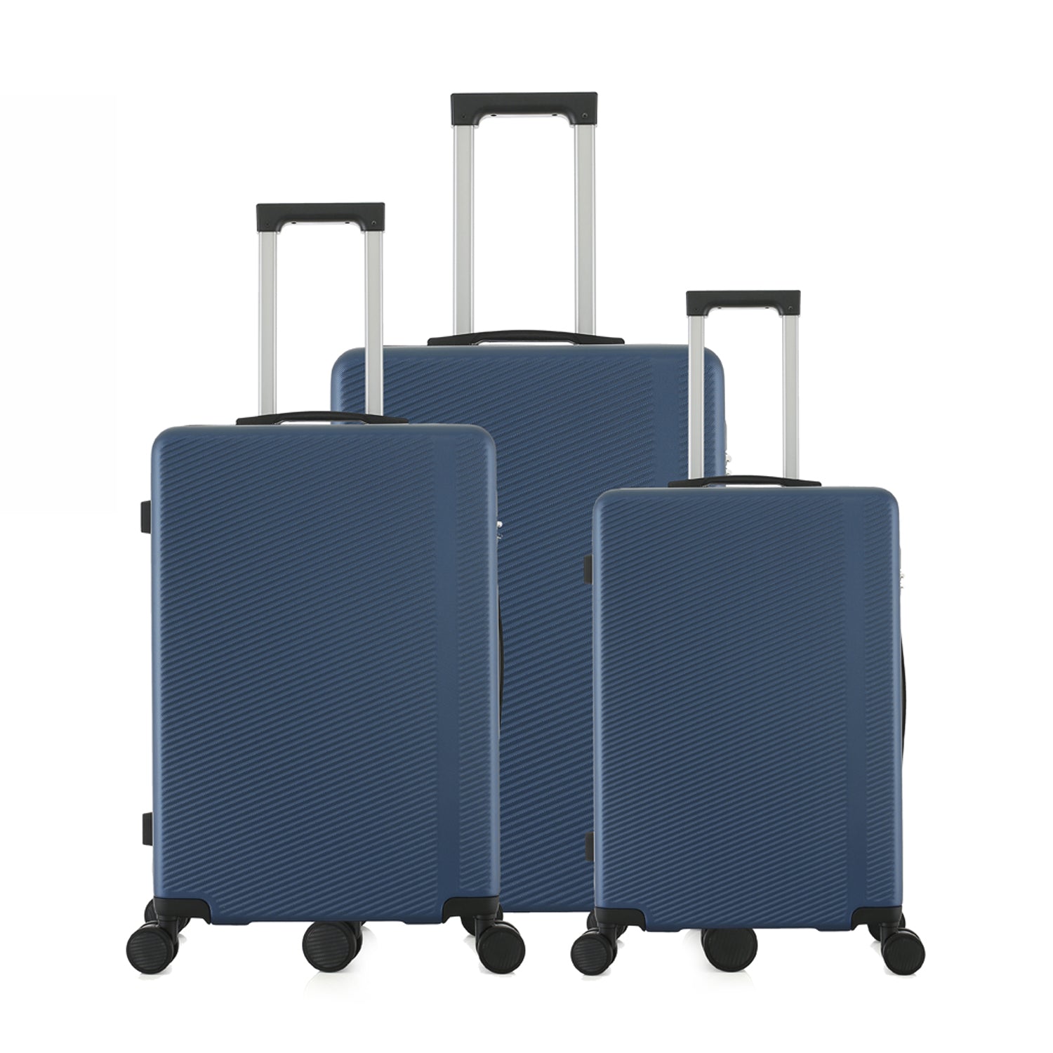 bb&b Travel Menton Suitcase range in denim blue, showing the small, medium, and large sizes with extended handles.