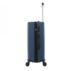 bb&b Travel Menton Suitcase in denim blue, shown from the side with the handle extended, side carry handle, zip closure, and combination lock.