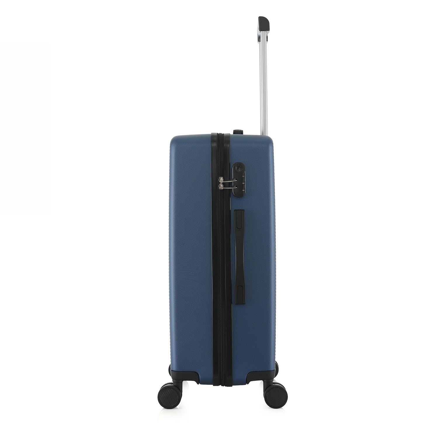 bb&b Travel Menton Suitcase in denim blue, shown from the side with the handle extended, side carry handle, zip closure, and combination lock.