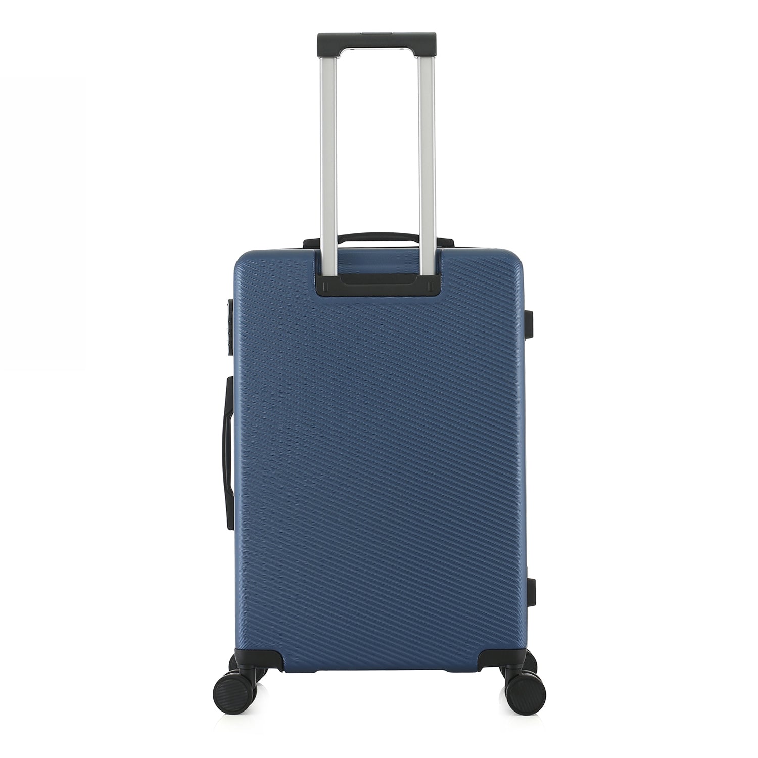 bb&b Travel Menton Suitcase in denim blue, shown from the back with spinner wheels and an extended handle.