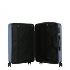 bb&b Travel Menton Suitcase in denim blue, shown open to display the black interior lining, zip compartment, and securing straps.