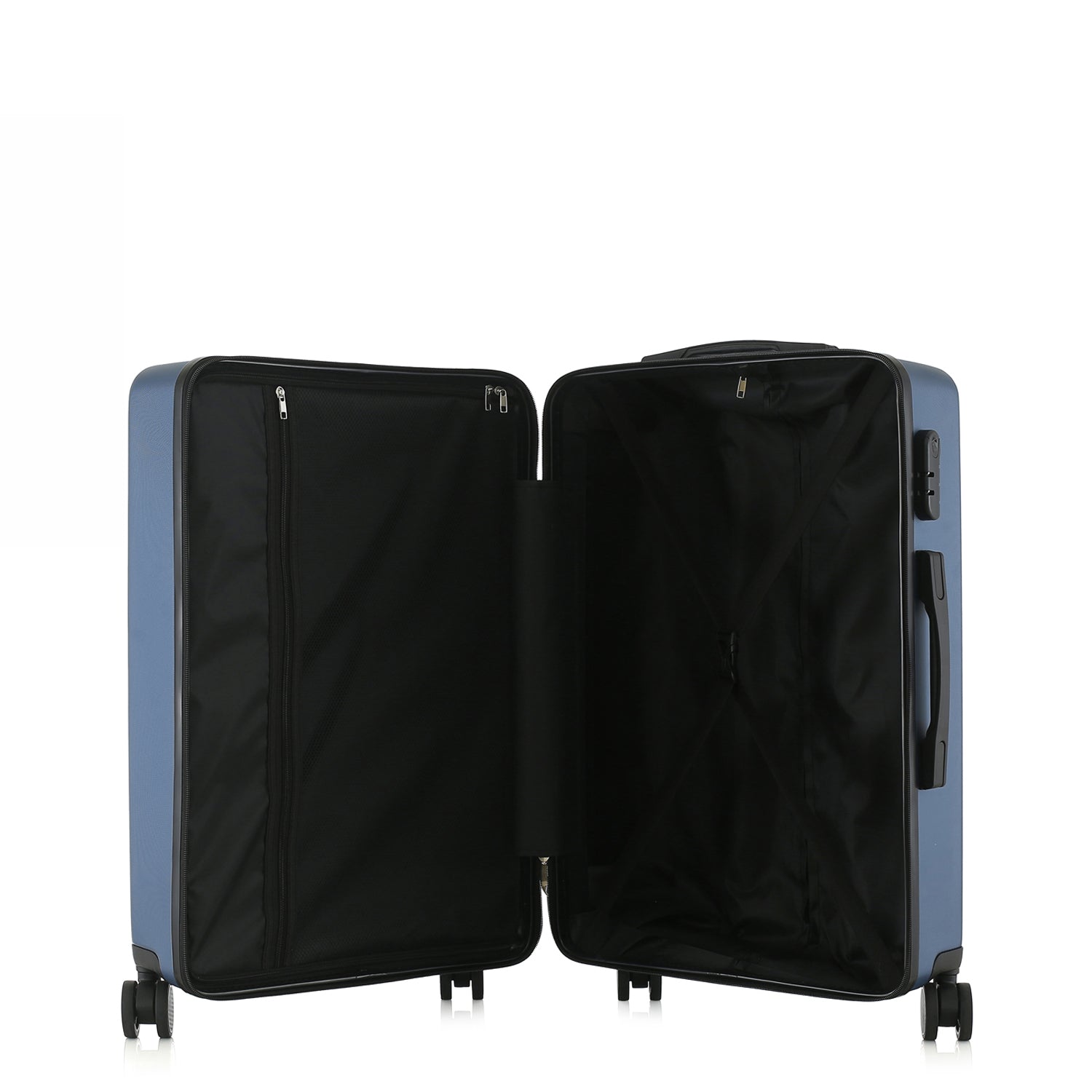 bb&b Travel Menton Suitcase in denim blue, shown open to display the black interior lining, zip compartment, and securing straps.