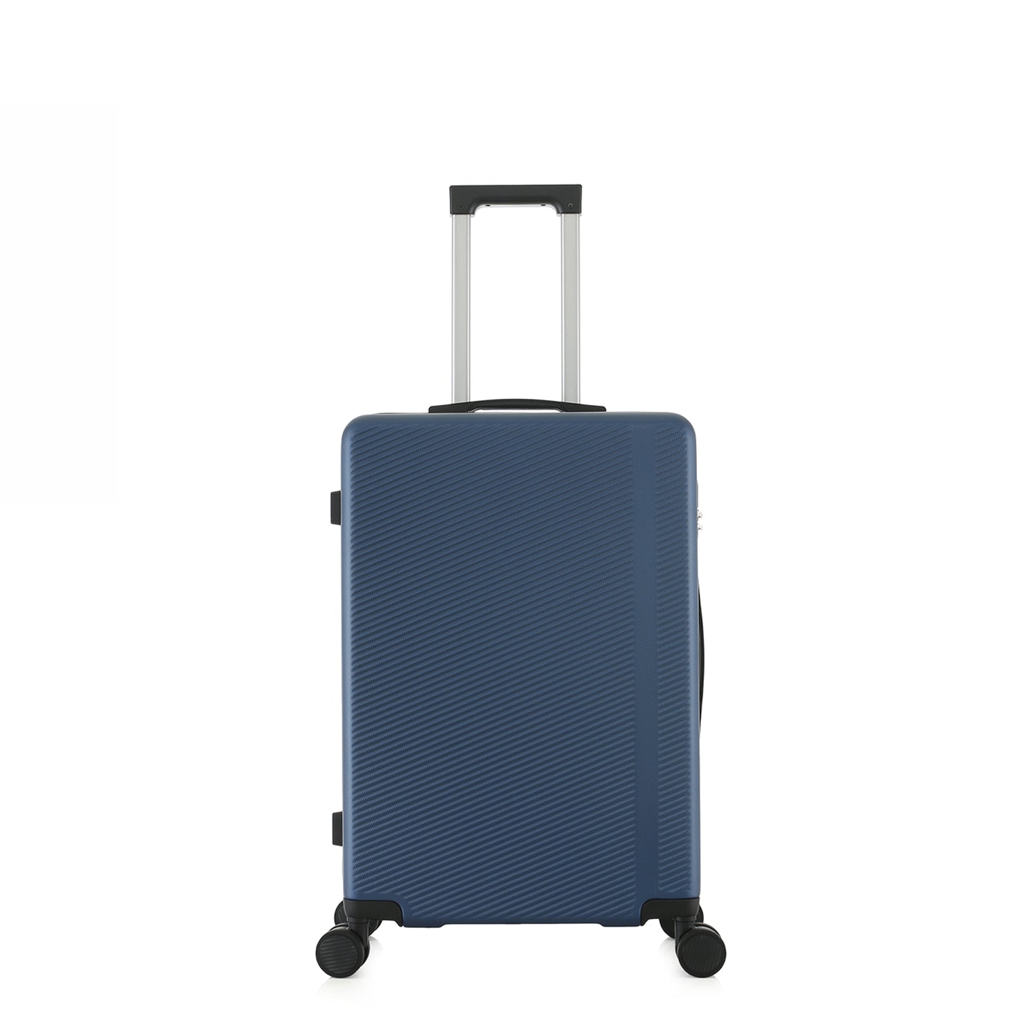 bb&b Travel Menton Suitcase in denim blue, shown from the front with spinner wheels and an extended handle.