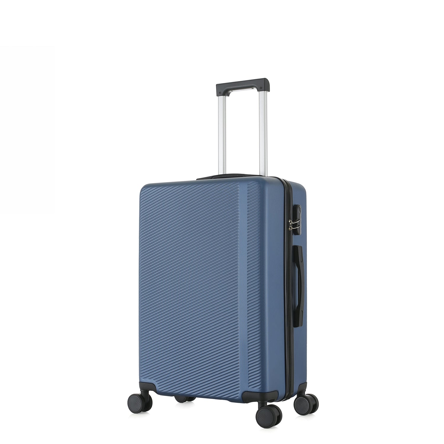 bb&b Travel Menton Suitcase in denim blue, shown from a side angle with textured hard-shell exterior, spinner wheels, and an extended handle.