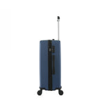 bb&b Travel Menton Suitcase in denim blue, shown from the side with the handle extended, side carry handle, zip closure, and combination lock.