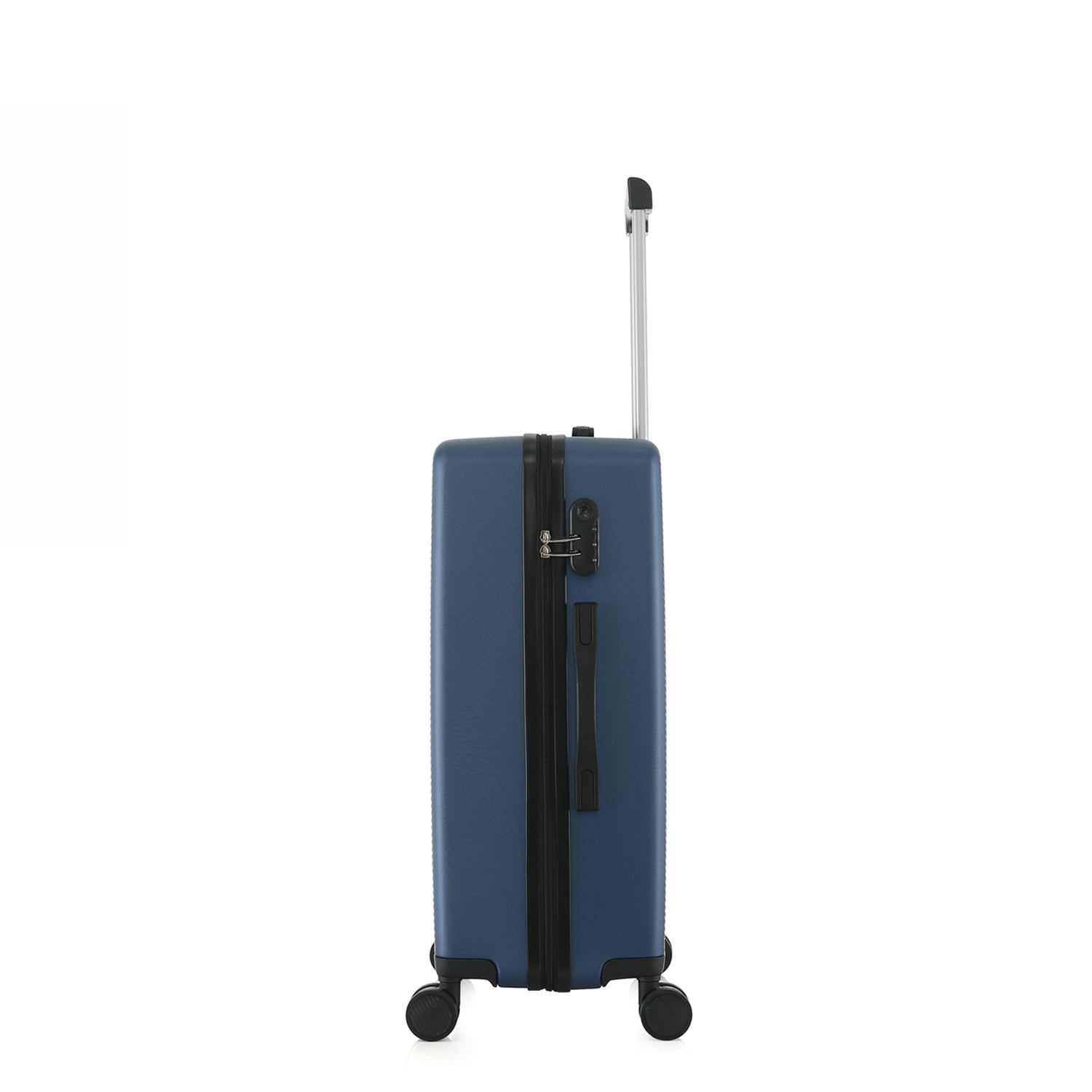 bb&b Travel Menton Suitcase in denim blue, shown from the side with the handle extended, side carry handle, zip closure, and combination lock.