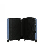 bb&b Travel Menton Suitcase in denim blue, shown open to display the black interior lining, zip compartment, and securing straps.