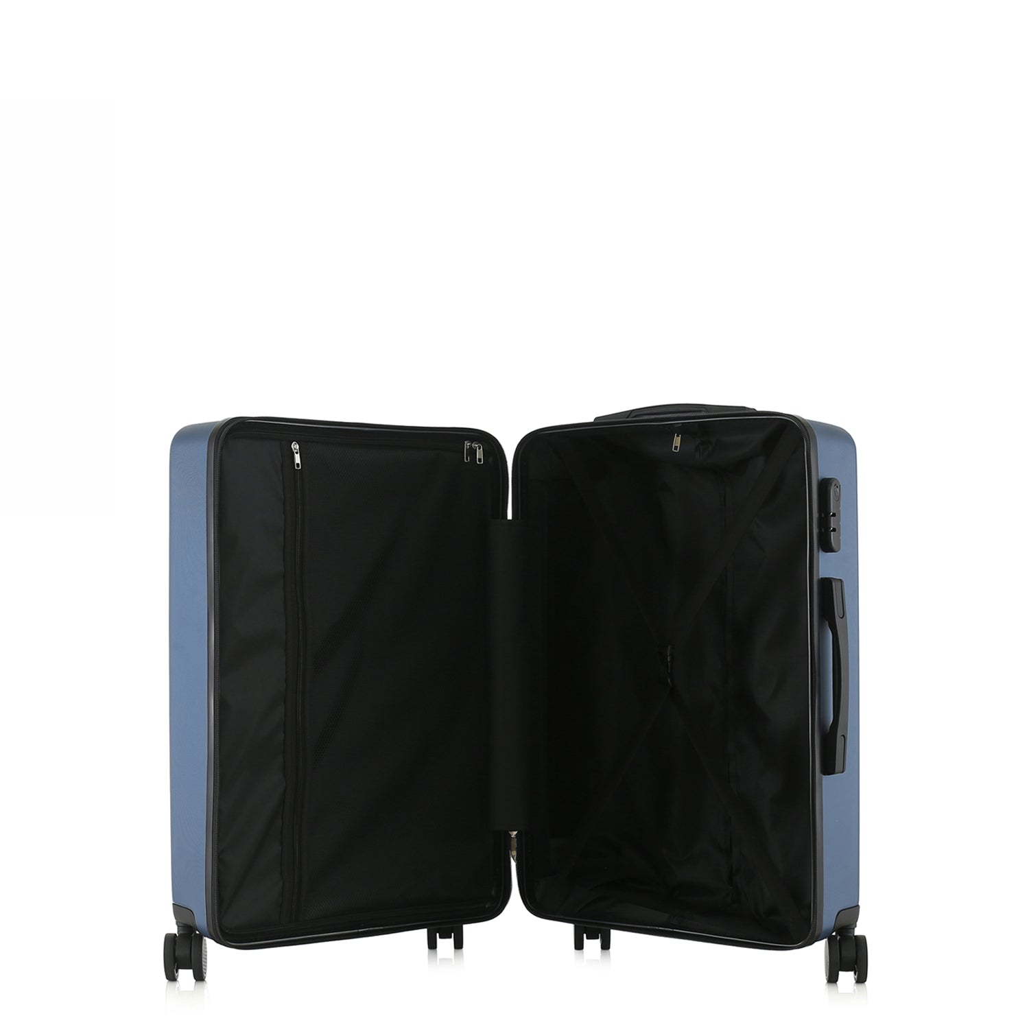bb&b Travel Menton Suitcase in denim blue, shown open to display the black interior lining, zip compartment, and securing straps.