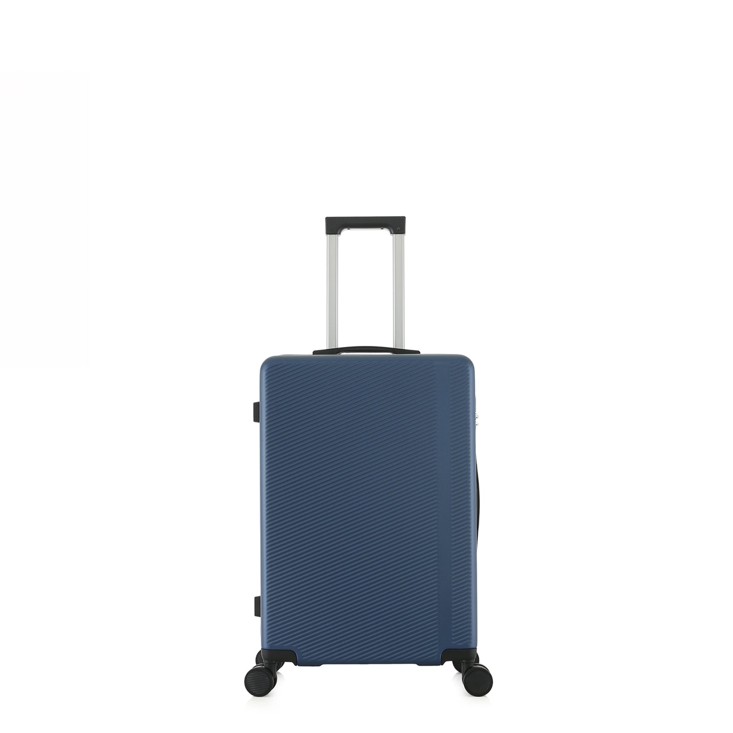 bb&b Travel Menton Suitcase in denim blue, shown from the front with spinner wheels and an extended handle.