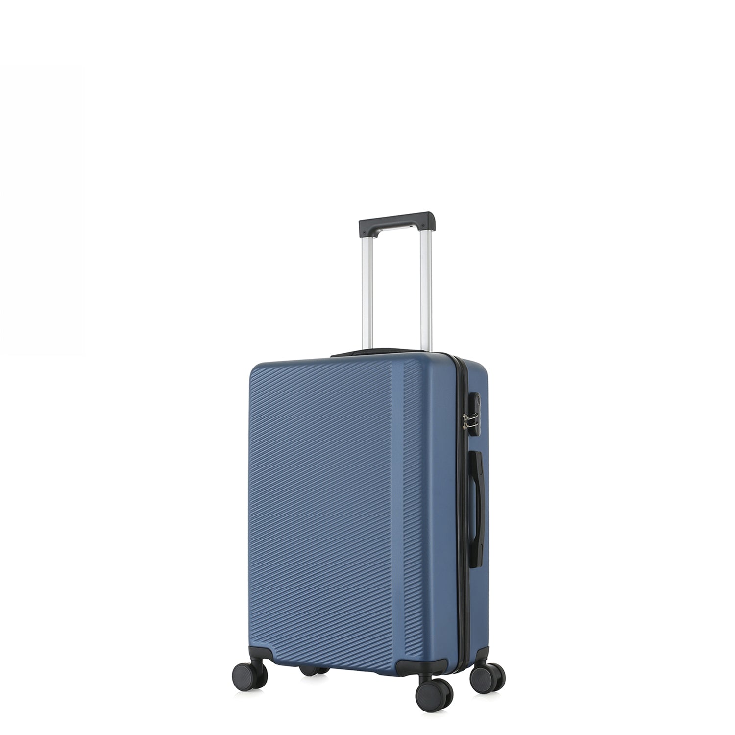 bb&b Travel Menton Suitcase in denim blue, shown from a side angle with textured hard-shell exterior, spinner wheels, and an extended handle.