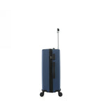 bb&b Travel Menton Suitcase in denim blue, shown from the side with the handle extended, side carry handle, zip closure, and combination lock.