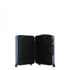 bb&b Travel Menton Suitcase in denim blue, shown open to display the black interior lining, zip compartment, and securing straps.
