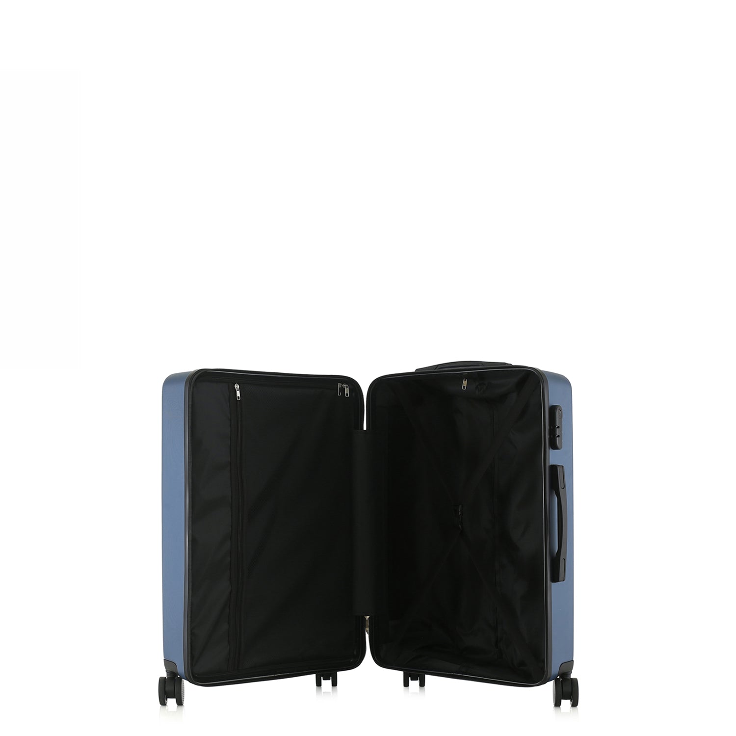 bb&b Travel Menton Suitcase in denim blue, shown open to display the black interior lining, zip compartment, and securing straps.