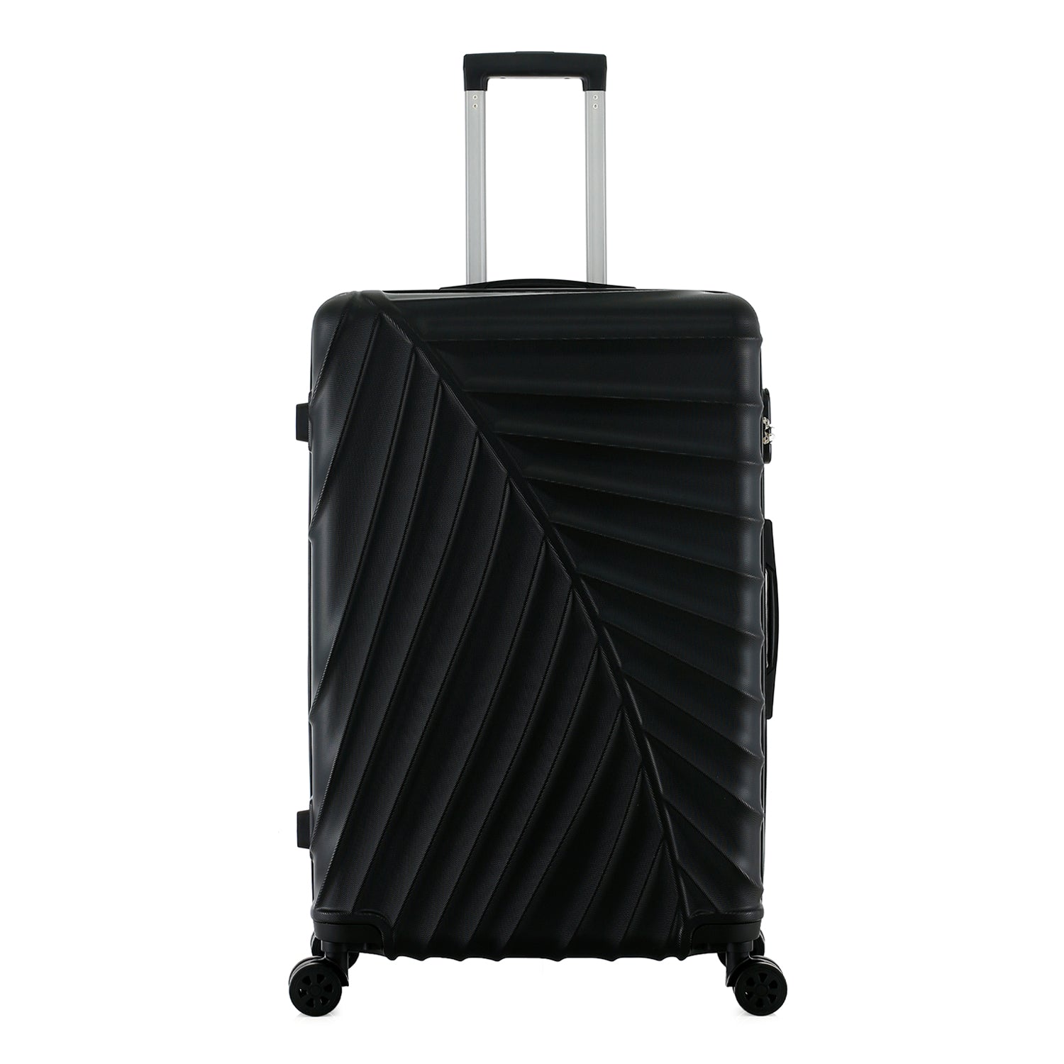 bb&b Travel Fern Suitcase Black front view with pull-up handle, spinner wheels and textured fern-inspired hard shell.
