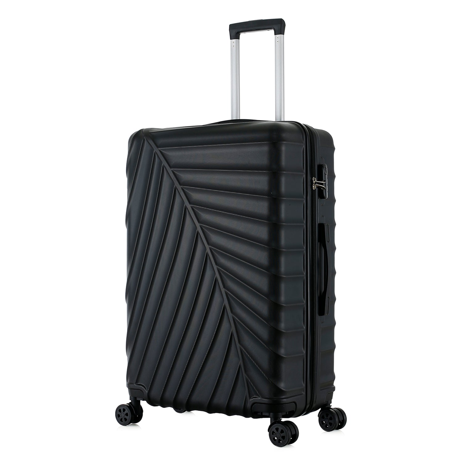 bb&b Travel Fern Suitcase Black shown on an angle with side handle, zip closure and textured hard-shell design.