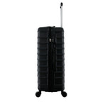 bb&b Travel Fern Suitcase Black side view showing the combination lock, side handle, pull-up handle and spinner wheels.
