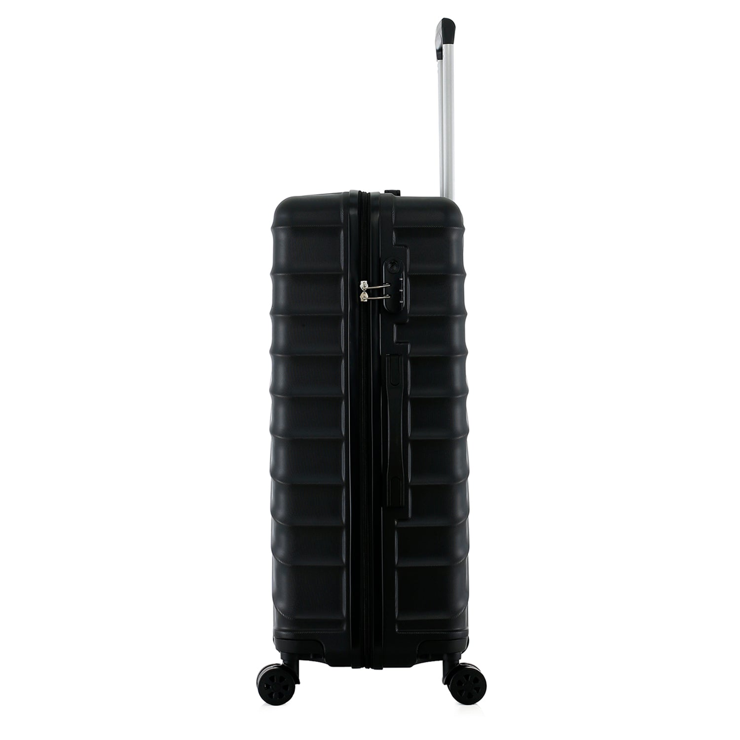 bb&b Travel Fern Suitcase Black side view showing the combination lock, side handle, pull-up handle and spinner wheels.