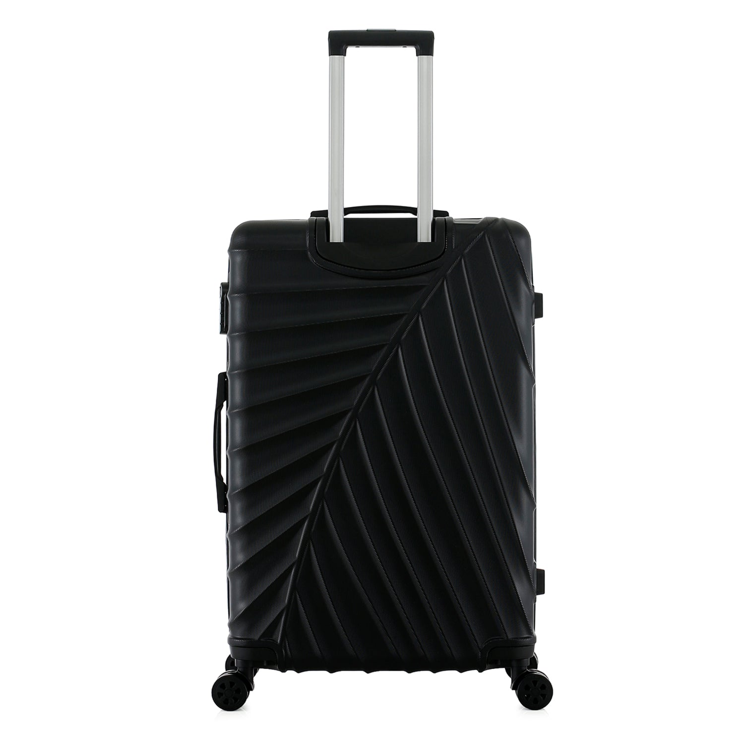 bb&b Travel Fern Suitcase Black rear view with pull-up handle, spinner wheels and textured hard-shell design.
