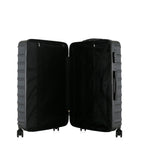 bb&b Travel Fern Suitcase Black shown open with black lined interior, zip compartment and securing straps.