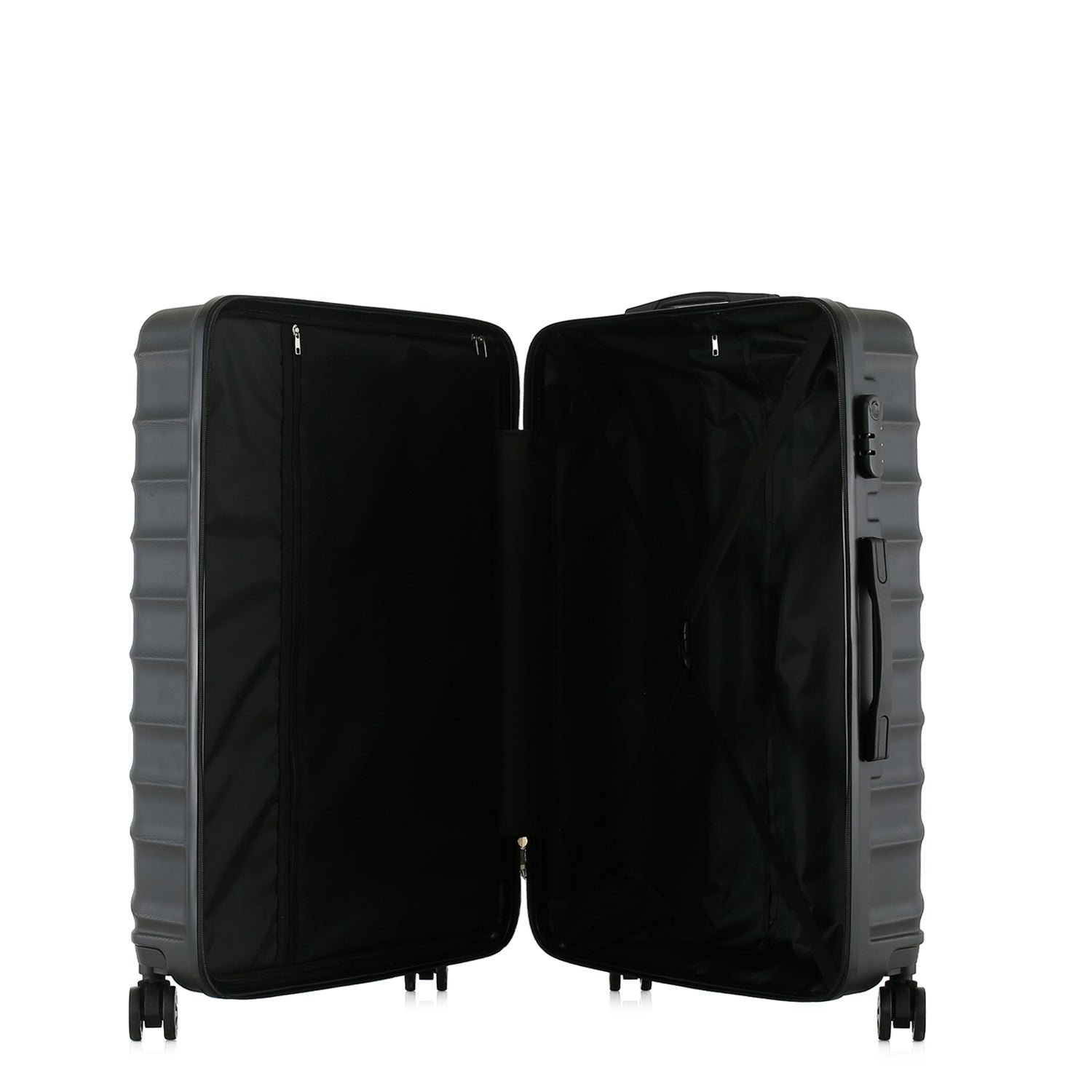 bb&b Travel Fern Suitcase Black shown open with black lined interior, zip compartment and securing straps.